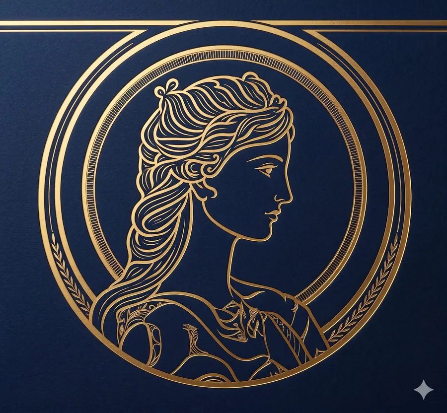 Blue Roman Serums. Crest, gold on navy.