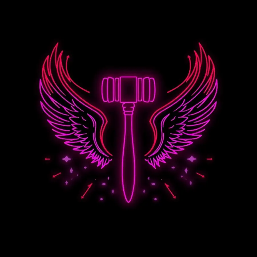 Justice Impact. Emblem, wings and gavel.