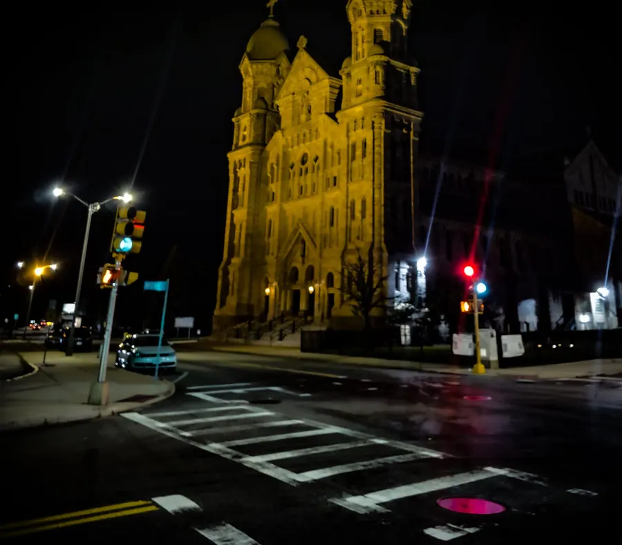 City hall. Crossing, wet.