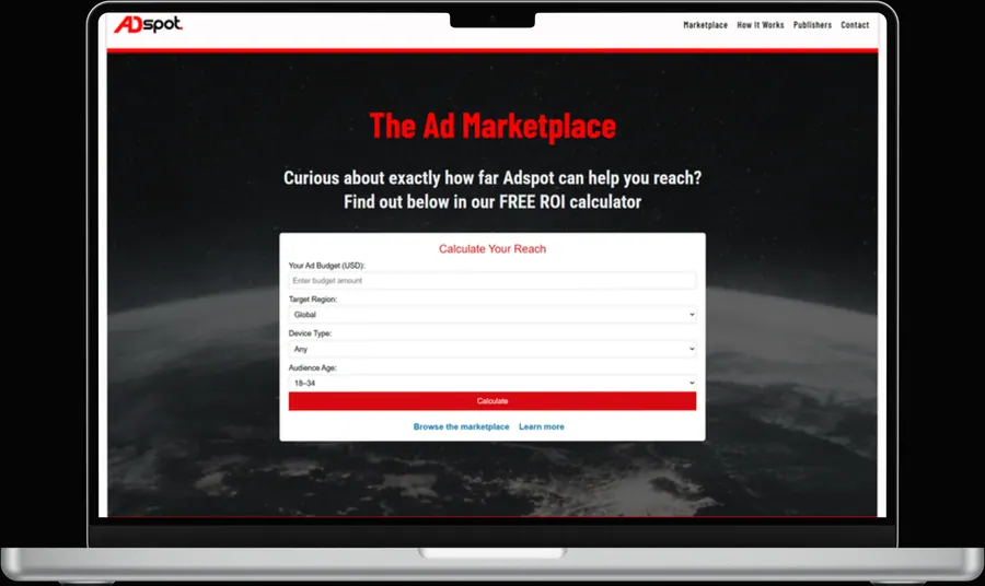 AdSpot. Landing page, laptop mock.